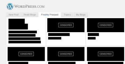 An image of WordPress' front page. Where blog recommendations are usually shown, images and text are blacked out behind the words "CENSORED."