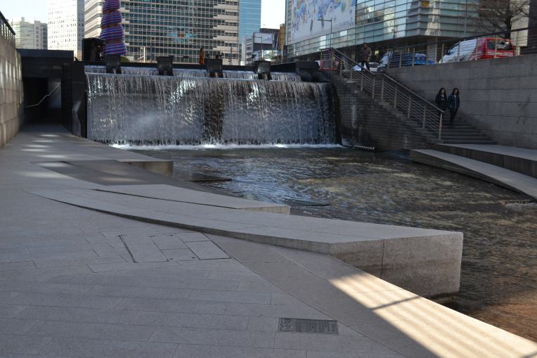 A waterfall marks the beginning of Cheonggyecheon stream in Seoul
