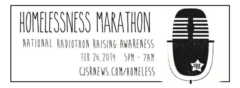 Picture indicates that the Homelessness Marathon runs February 26, 2014, from 5 PM - 7 AM.