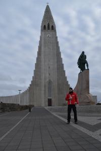 Finn in front of the inimitable Hallgrímskirkja church in Reykjavik.