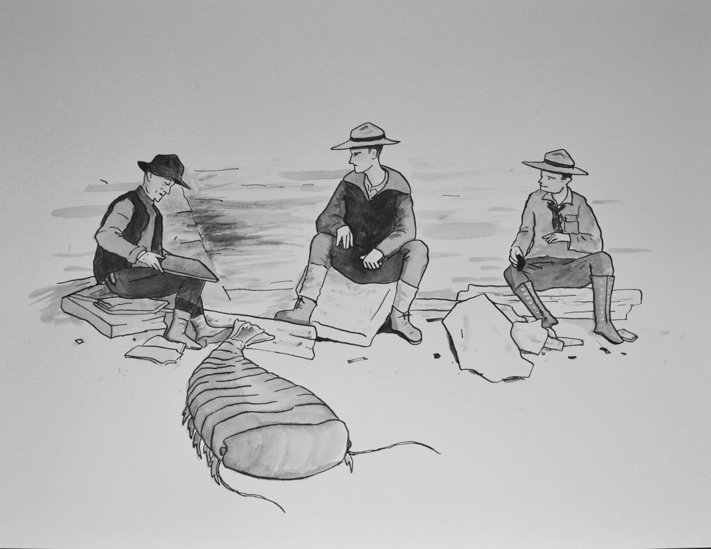 A hand-drawn illustration of three men in a fossil quarry, and a marine arthropod crawling away. Left to right: Charles Doolittle Walcott, Sidney Stevens Walcott, and Benjamin Stuart Walcott sit together with a much-enlarged living specimen of Sidneyia inexpectans. Illustrated by the author.