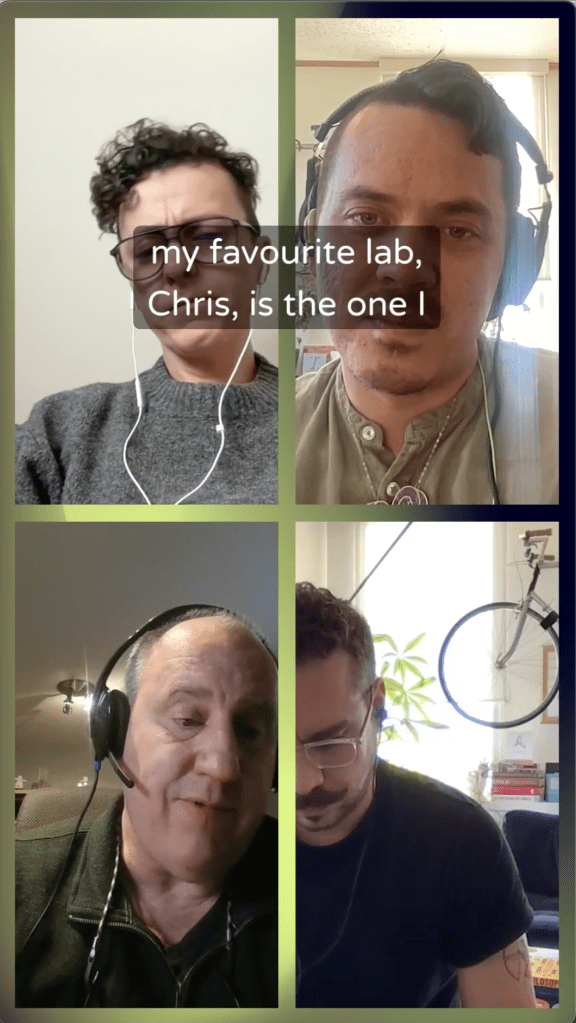 A screenshot of a grid with four video callers from the first episode: Geraldine Cahill, Chris Chang-Yen Phillips, Mark Cabaj, and Ben Weinlick.