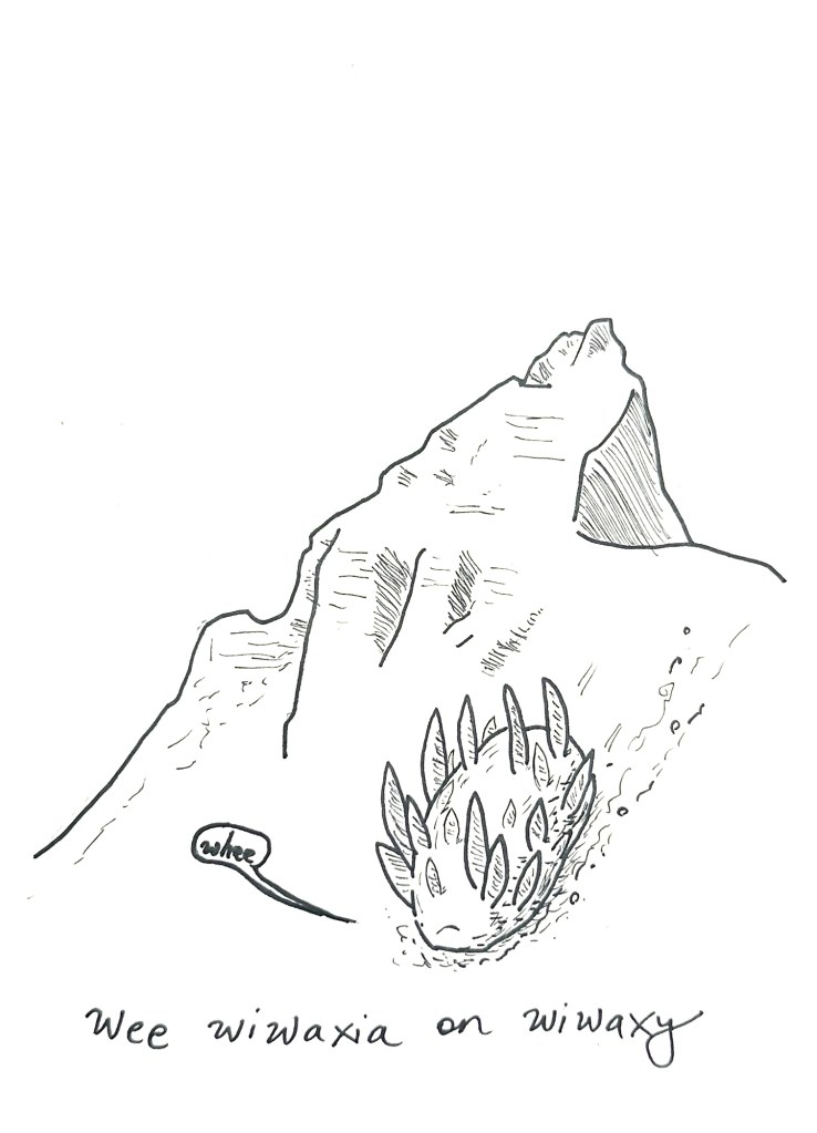 An illustration of a spiky, slug-like animal sliding down a mountain. It is saying "Whee". A caption reads "Wee Wiwaxia on Wiwaxy"